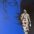 Blue Monk' religious acrylic-charcoal painting by artist Yuvraj Patil, 36x24 inch, on canvas