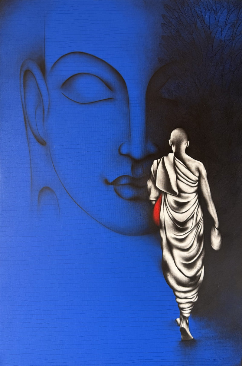 Blue Monk' religious acrylic-charcoal painting by artist Yuvraj Patil, 36x24 inch, on canvas
