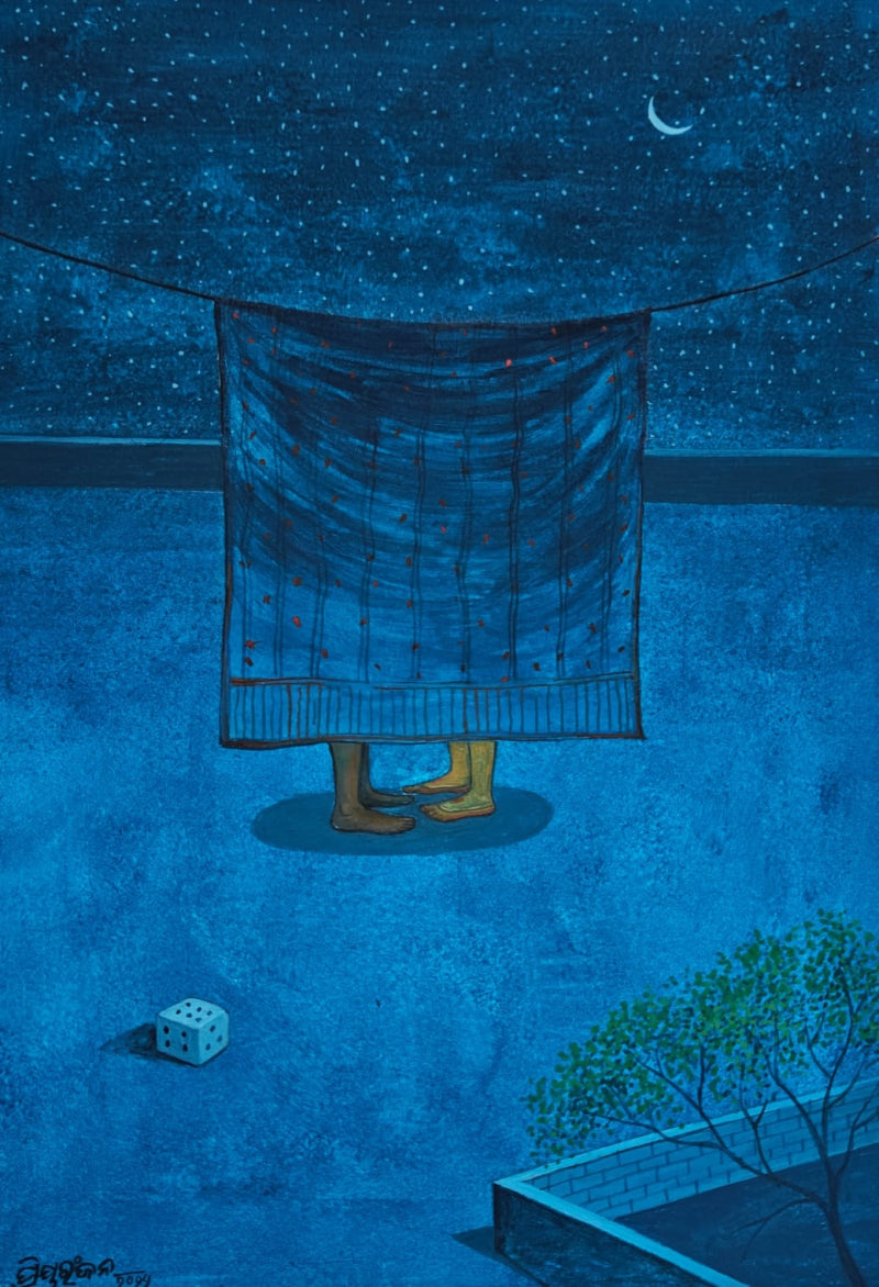 The Blue Moon' contemporary gouache painting by artist Priyaranjan Behera, 17x12 inch, on paper