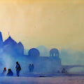 Cityscape watercolor painting titled 'Blue Morning II', 24x44 inches, by artist Nilesh Bharti on Paper