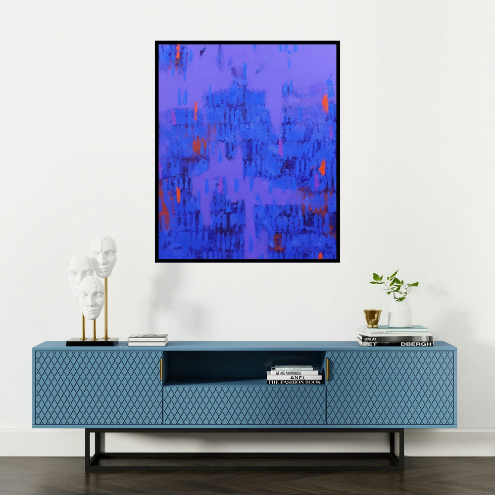 Ns Art's 'Blue Patterns (Twilight Reverie)' painting visualized above a sofa in a contemporary room.