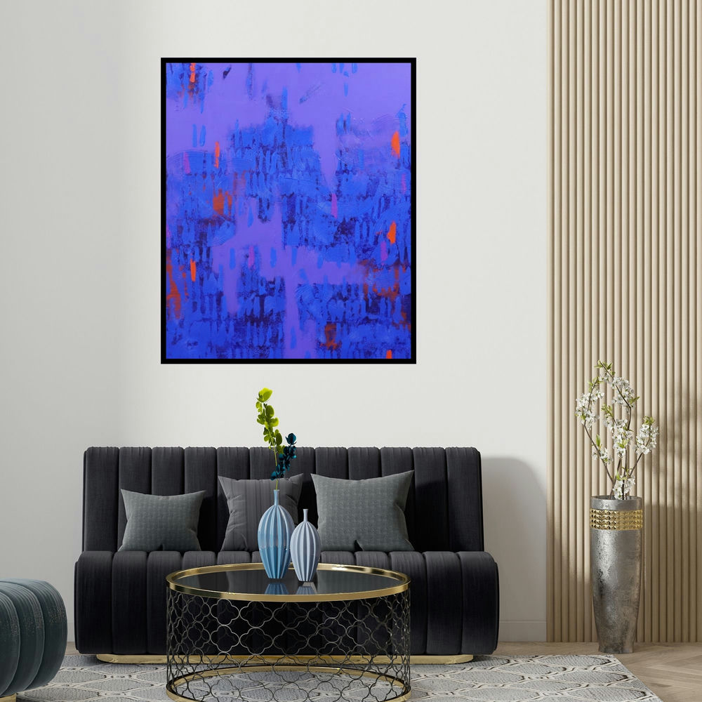 'Blue Patterns (Twilight Reverie)' painting by Ns Art shown on a wall in a furnished room.