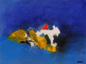 Blue Ride Ii (Azure Dreamscape) by Sadhna Raddi, Original Acrylic Abstract Painting on Paper, Small Horizontal Wall Art
