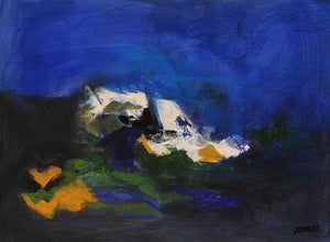 Blue Ride Iii (Nocturne in Blue) by Sadhna Raddi, Original Acrylic Abstract Painting on Paper, Small Horizontal Wall Art