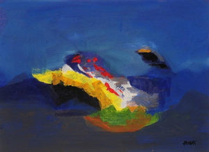 Blue Ride Iv (Azure Horizons) by Sadhna Raddi, Original Acrylic Abstract Painting on Paper, Small Horizontal Wall Art