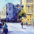 Cityscape watercolor painting titled 'Blue Scooter', 11x15 inches, by artist RAVEE SONGIRKAR on Paper