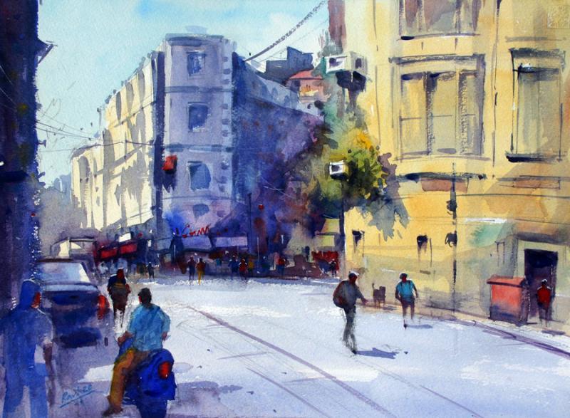 Cityscape watercolor painting titled 'Blue Scooter', 11x15 inches, by artist RAVEE SONGIRKAR on Paper