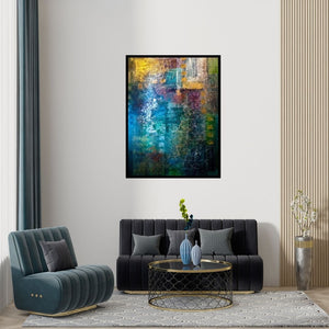 Preview of 'Blue' Painting by Shuchi Khanna shown on a wall in a furnished room.