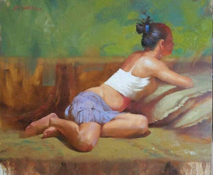 Blue Skirt 2 by Ganesh Hire, Original Oil Figurative Painting on Canvas, Large Horizontal Wall Art