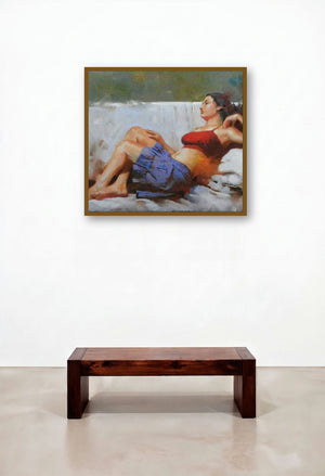 Blue Skrit by artist Ganesh Hire displayed in a Industrial Bedroom