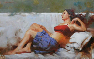 Blue Skrit by Ganesh Hire, Original Oil Figurative Painting on Canvas, Large Horizontal Wall Art