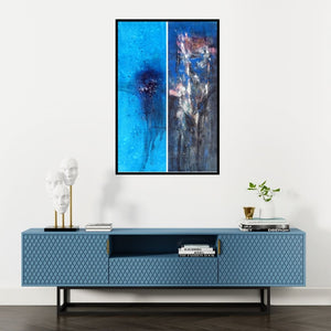 Preview of 'Blue 20 (Azure Depths)' Painting by Dnyaneshwar Dhavale shown on a wall in a furnished room.