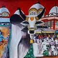Board Meeting Near Kalighat Temple' animals acrylic painting by artist Anirban Seth, 24x30 inch, on canvas