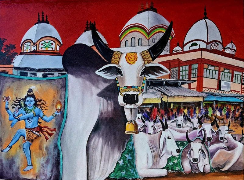 Board Meeting Near Kalighat Temple' animals acrylic painting by artist Anirban Seth, 24x30 inch, on canvas