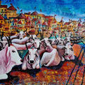 Board Meeting At Varanasi Ghat 1' animals acrylic painting by artist Anirban Seth, 24x30 inch, on canvas