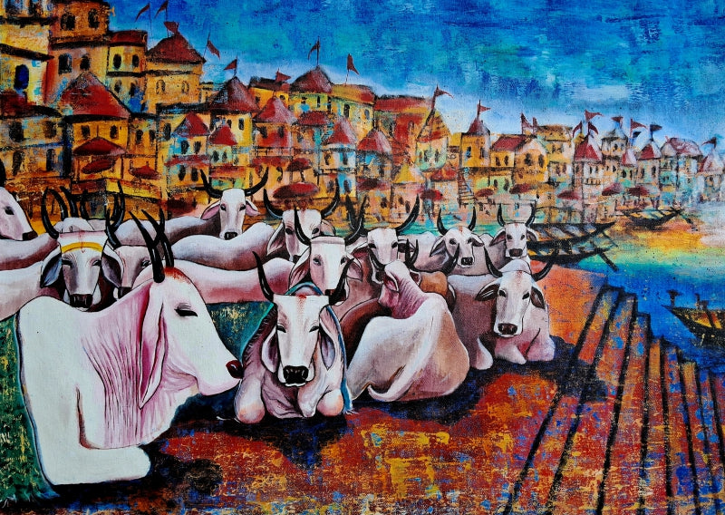 Board Meeting At Varanasi Ghat 1' animals acrylic painting by artist Anirban Seth, 24x30 inch, on canvas