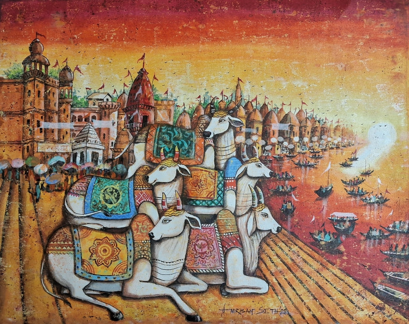 Board Meeting At Varanasi Ghat 2' animals acrylic painting by artist Anirban Seth, 24x30 inch, on canvas