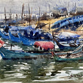 Boat 10' seascape watercolor painting by artist Amol Dubhele, 12x14 inch, on paper