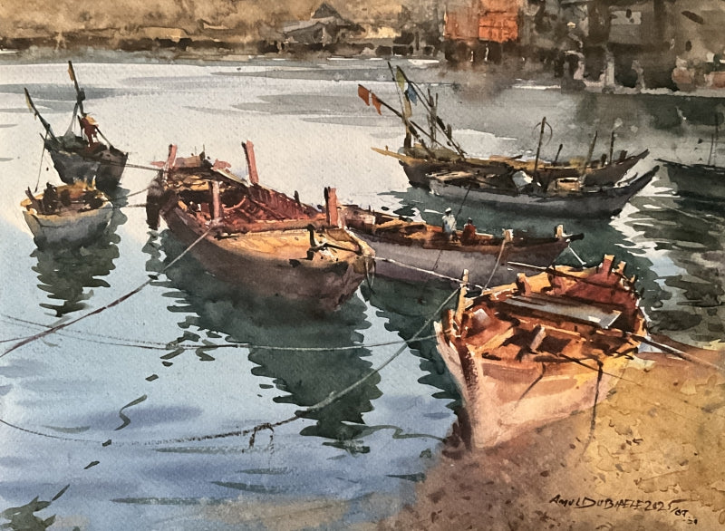 Boat 13' seascape watercolor painting by artist Amol Dubhele, 11x17 inch, on paper