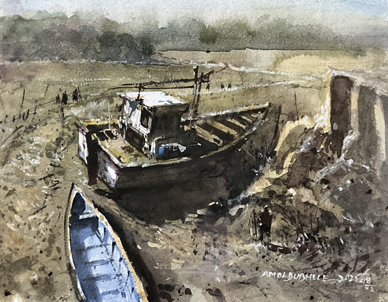 Boat 15' seascape watercolor painting by artist Amol Dubhele, 7x9 inch, on paper