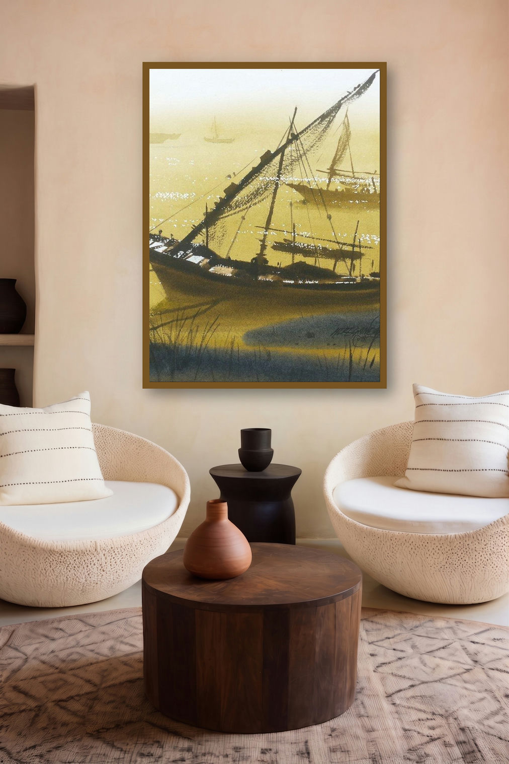 Boat 16 (Misty Morning) by artist Ganesh Hire displayed in a Museum Style gallery
