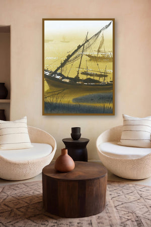 Boat 16 (Misty Morning) by artist Ganesh Hire displayed in a Museum Style gallery