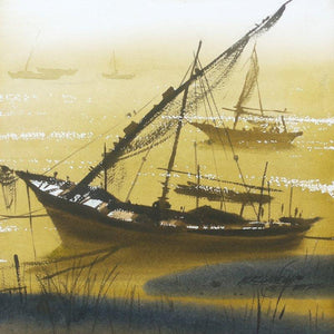 Boat 16 (Misty Morning) by Ganesh Hire, Original Watercolor Nature Painting on Paper, X-Small Square Wall Art