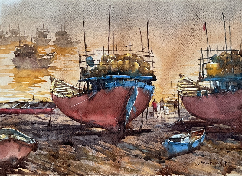 Boat 17' seascape watercolor painting by artist Amol Dubhele, 11x17 inch, on paper