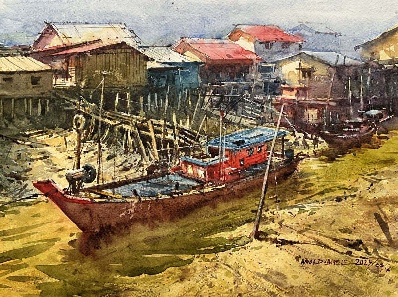 Boat 18' seascape watercolor painting by artist Amol Dubhele, 9x13 inch, on paper