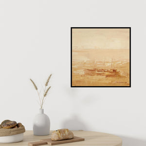 In-situ view of Amol Dubhele's 'Boat 2 (Serene Coastal Scene)' painting in a room