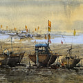 Boat 21' seascape watercolor painting by artist Amol Dubhele, 11x17 inch, on paper