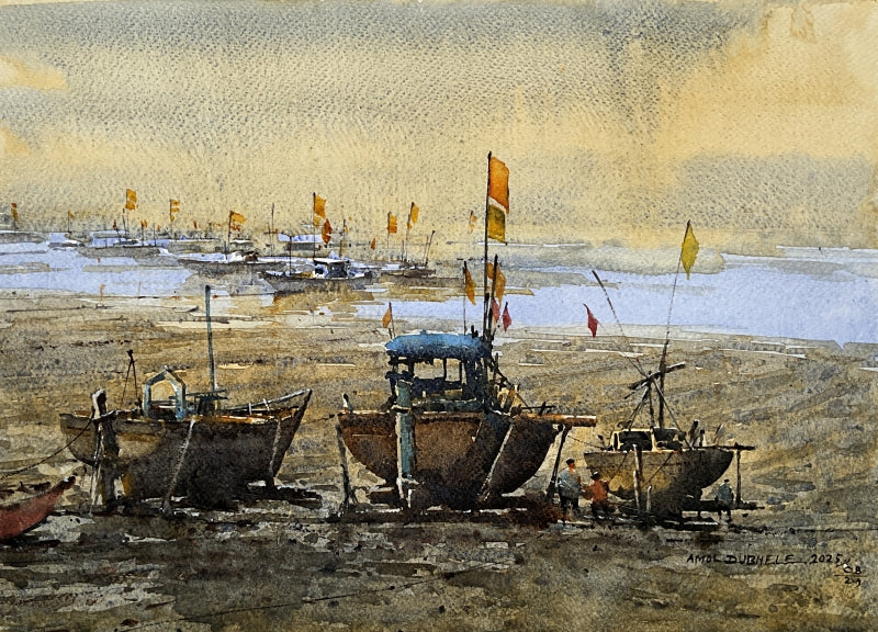 Boat 21' seascape watercolor painting by artist Amol Dubhele, 11x17 inch, on paper