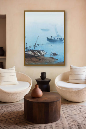 Boat 25 (Foggy Morning) by artist Ganesh Hire displayed in a Contemporary Exhibition gallery