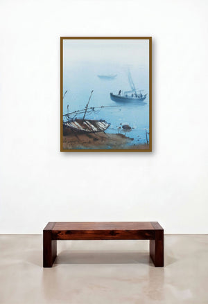 Boat 25 (Foggy Morning) by artist Ganesh Hire displayed in a Art Deco Foyer