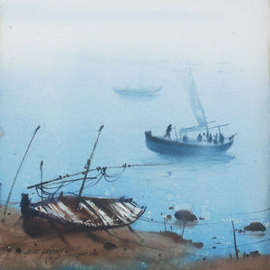 Boat 25 (Foggy Morning) by Ganesh Hire, Original Watercolor Nature Painting on Paper, X-Small Square Wall Art