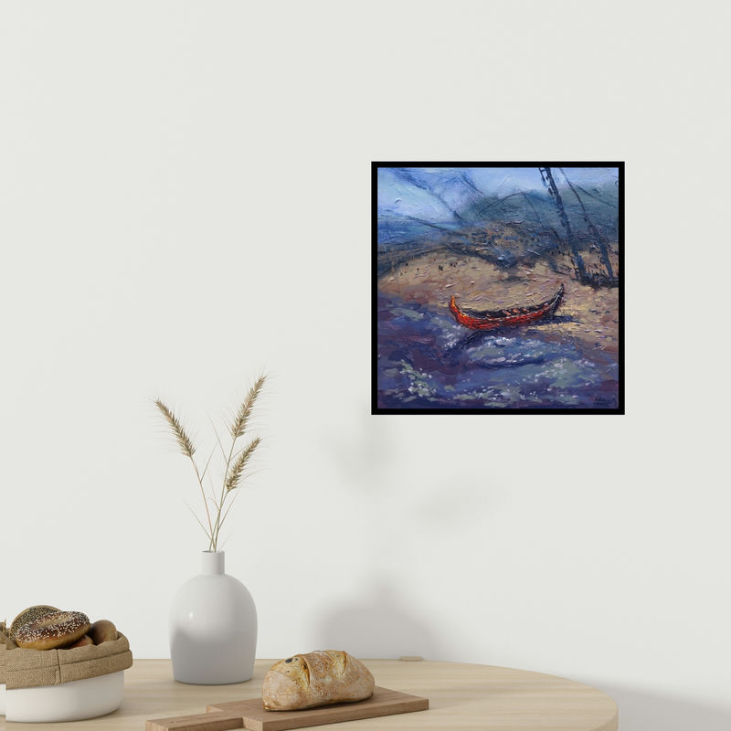 In-situ view of Shubham Kesur's 'Boat 3 (Solitude by the Sea)' painting in a room
