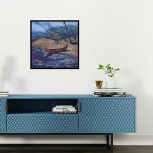 Preview of 'Boat 3 (Solitude by the Sea)' Painting by Shubham Kesur shown on a wall in a furnished room.