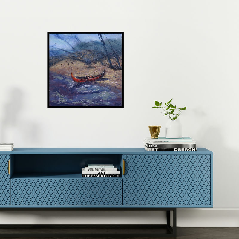 Preview of 'Boat 3 (Solitude by the Sea)' Painting by Shubham Kesur shown on a wall in a furnished room.