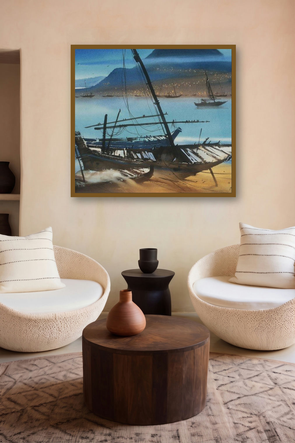 Boat 32 (Mountain Vista) by artist Ganesh Hire displayed in a Minimalist gallery