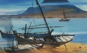 Boat 32 (Mountain Vista) by Ganesh Hire, Original Watercolor Nature Painting on Paper, Medium Horizontal Wall Art