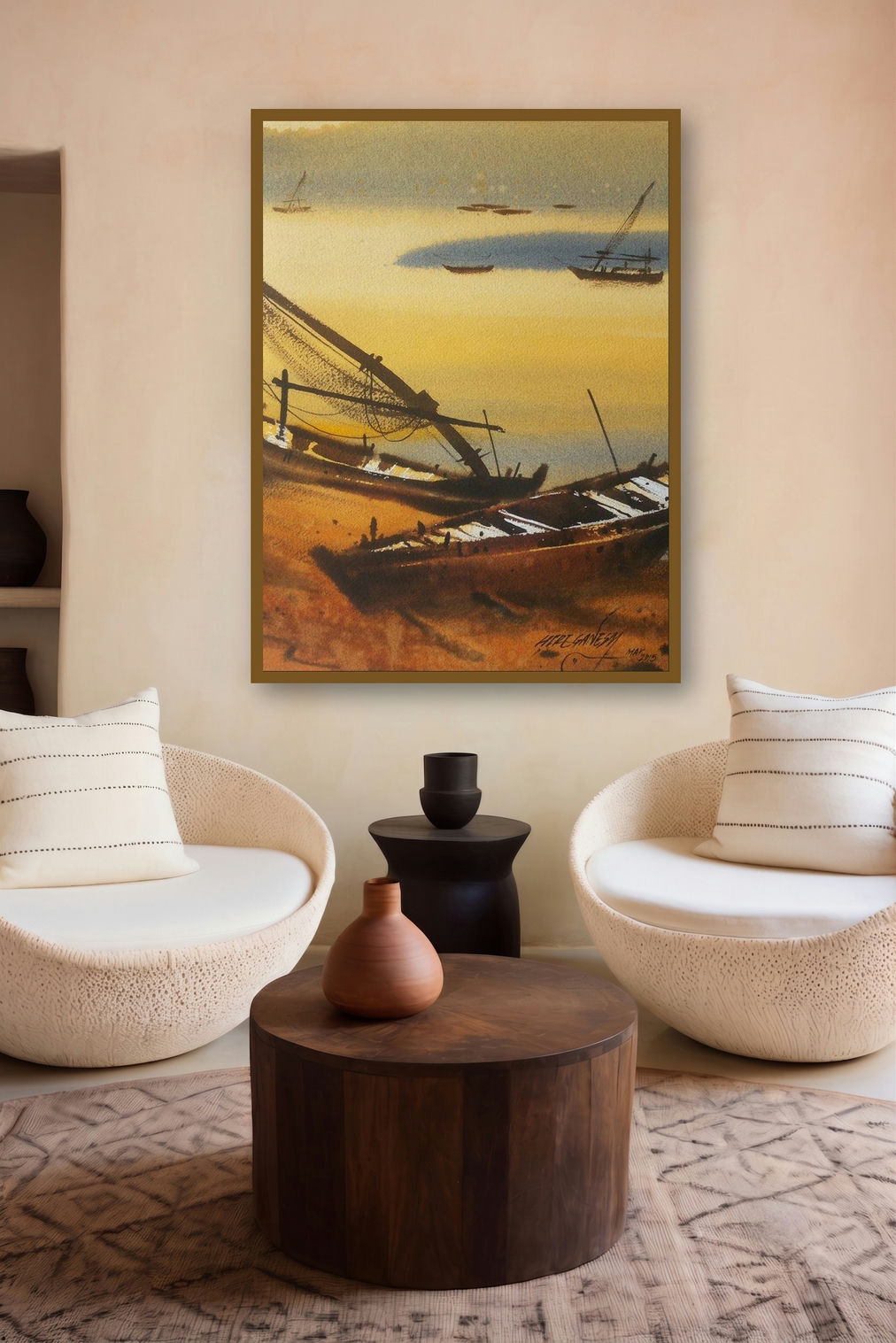 Boat 35 (Morning on the Coast) by artist Ganesh Hire displayed in a Boutique gallery