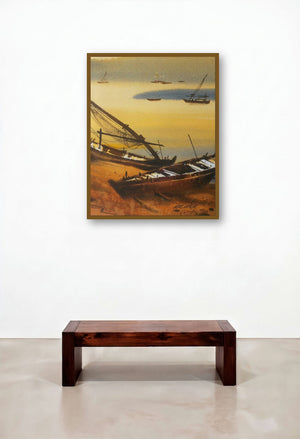 Boat 35 (Morning on the Coast) by artist Ganesh Hire displayed in a Boutique Hotel Style Dining Room