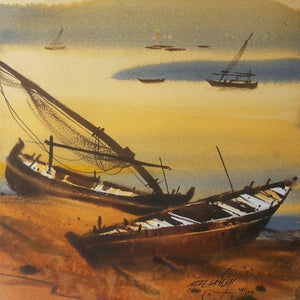 Boat 35 (Morning on the Coast) by Ganesh Hire, Original Watercolor Nature Painting on Paper, X-Small Square Wall Art