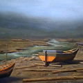 Seascape oil painting titled 'Boat 6', 14x16 inches, by artist Uday Farat on Mount Board