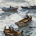 Boat 7' seascape watercolor painting by artist Amol Dubhele, 18x15 inch, on paper