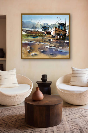 Boat At Retibandar (Reti Bunder Rhapsody: Boats in Harmony) by artist Sanjay Dhawale displayed in a Curated gallery