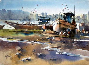 Boat At Retibandar (Reti Bunder Rhapsody: Boats in Harmony) by Sanjay Dhawale, Original Watercolor Seascape Painting on Handmade Paper, Small Horizontal Wall Art