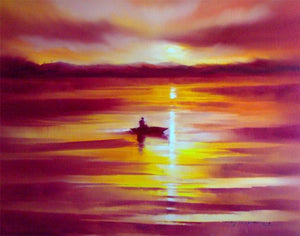 Seascape oil painting titled 'Boat in the Sea', 36x48 inches, by artist Narayan Shelke on Canvas