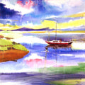 Landscape watercolor painting titled 'Boat N Colors', 11x17 inches, by artist Anil Nene on Paper