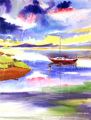 Boat N Colors by Anil Nene, Original Watercolor Landscape Painting on Paper, Small Vertical Wall Art